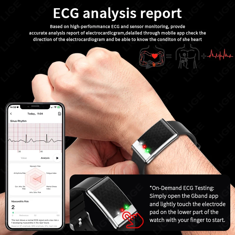 LIGE Nursing Grade ECG+PPG Smart Bracelet Blood Fat Uric Acid Blood Pressure Body Temperature Men Women Health Sports Watches