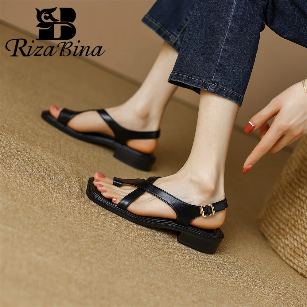 

RIZABINA Real Leather Women Sandals Fashion Buckle Strap Chunky Heel Summer Roman Shoes New Casual Party Outdoor Beach Footwear