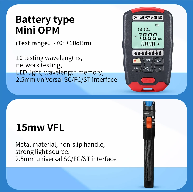 AUA-D7/D5 Optical Power Meter and AUA-6C Fiber Cleaver 15mw Visual Fault Locator