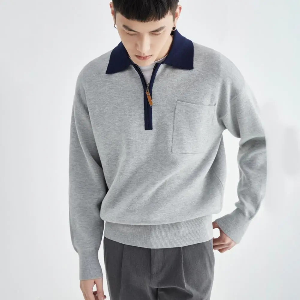 

Men Sweater Half Zipper Neckline Chest Pocket Solid Color Knitwear Autumn Winter Loose Knitting Bottoming Sweater Streetwear Top