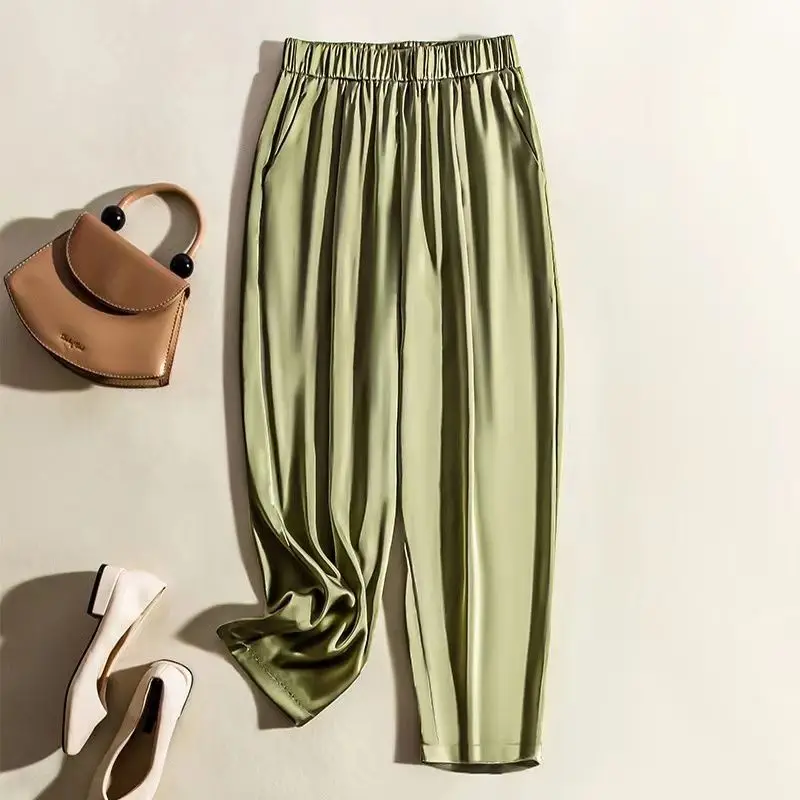 Simple Summer Solid Color Women's High Waist Loose Pocket Silk Smooth Wrinkle Resistant Straight Leg Nine Split Wide Leg Pants