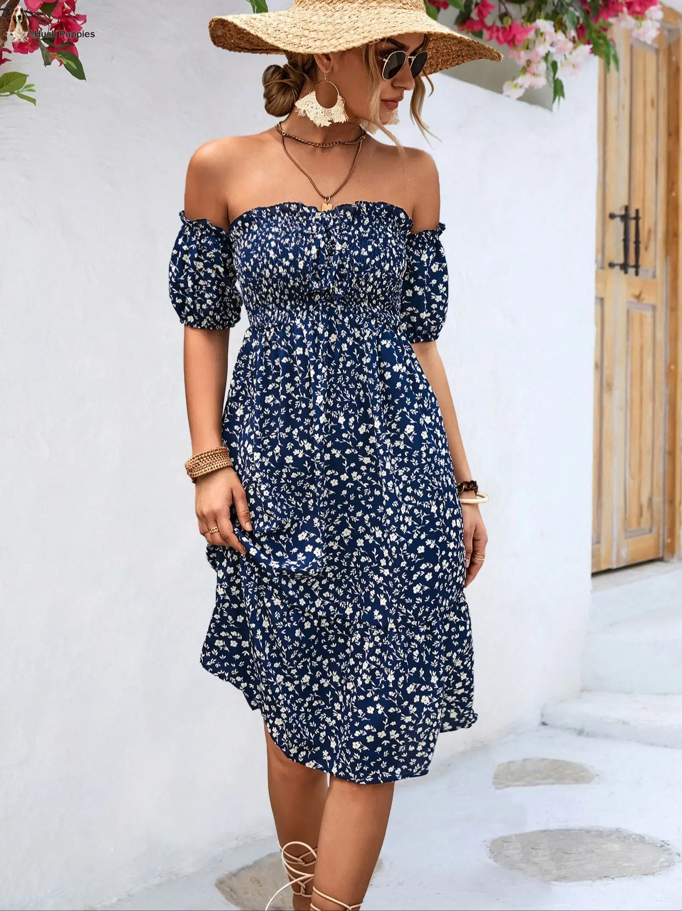 

Hush Puppies Summer Floral Print Off Shoulder Ruffles Dress Ladies Elegant Strapless Lace-up Mini Dress Vintage Party Vestidos