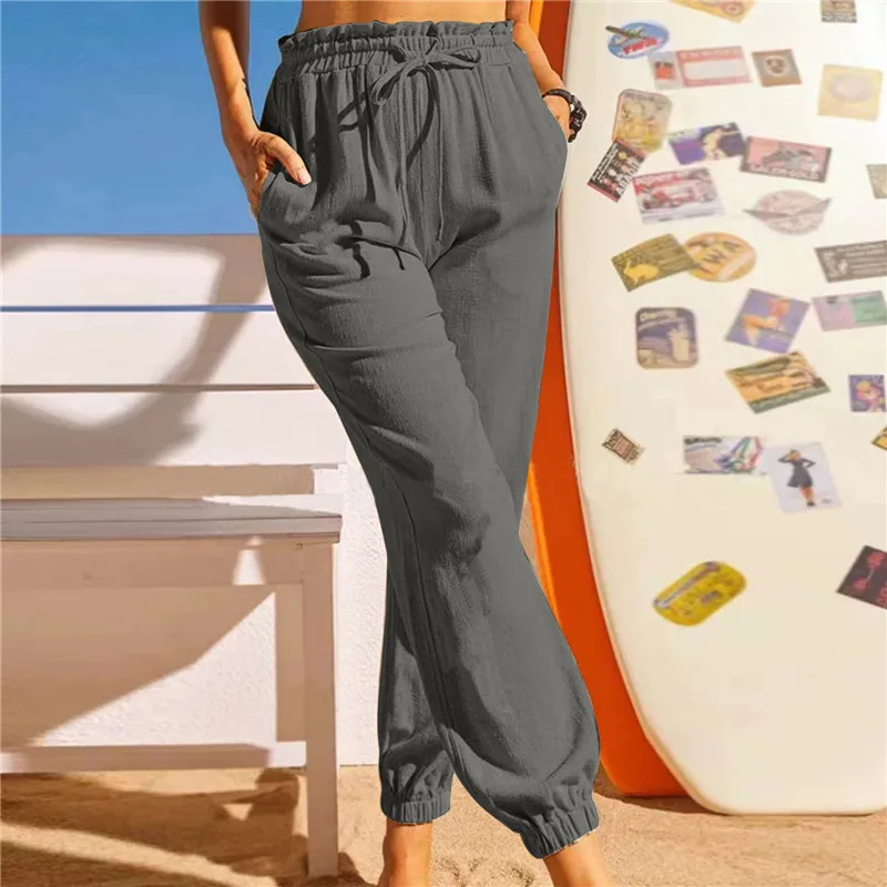 

Spring Autumn 2023 New Linen Cotton Polyester Ruffle Feet Pants Elastic Casual Women Thin Drawstring Pocket Lantern Pants Ladies
