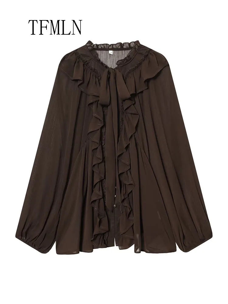 2026 Spring SummerOffice Ladies Loose Layered Blouses Elegant Women Long Sleeve Translucent Tops Single Breasted Ruffles Shirts