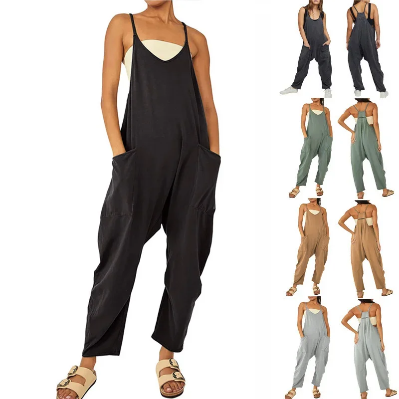 Women Casual Jumpsuit Summer Solid Loose Wide Leg Pants Bib Overalls Fashion Pocket Sleeveless Strap Baggy Streetwear Rompers