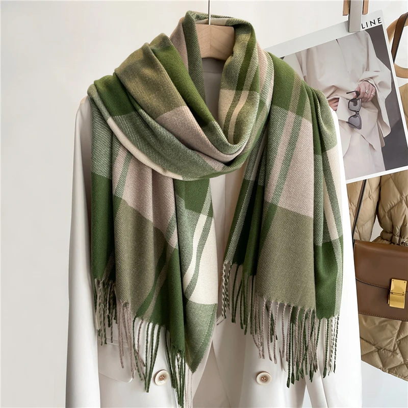 Luxurious Warm Cashmere Plaid Scarf - Fashionable Winter Pashmina Shawl with Tassel