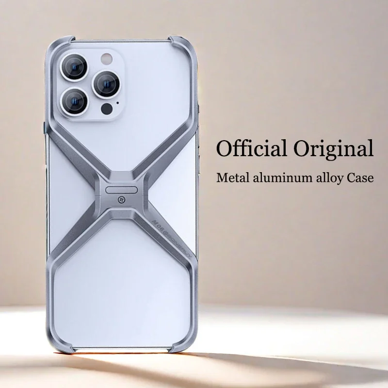 

For iPhone 14 15 Pro Max Detachable Metal Cool Down Explosion-Proof Phone Case Aluminum Alloy Rimless Four-Corner Anti-fall Case