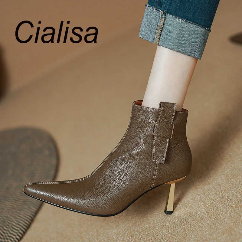 

Cialisa Sexy Pointed Toe Shoes 2023 Autumn Winter Women Short Boots Genuine Leather Elegant Party High Heel Ankle Boot For Lady