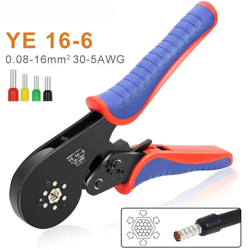 

Клеммные соединители Ferrule Шестигранные обжимные клещи, 0,08-16 мм², 30-5AWG, электрические инструменты с трещоткой большого размера, YE16-6