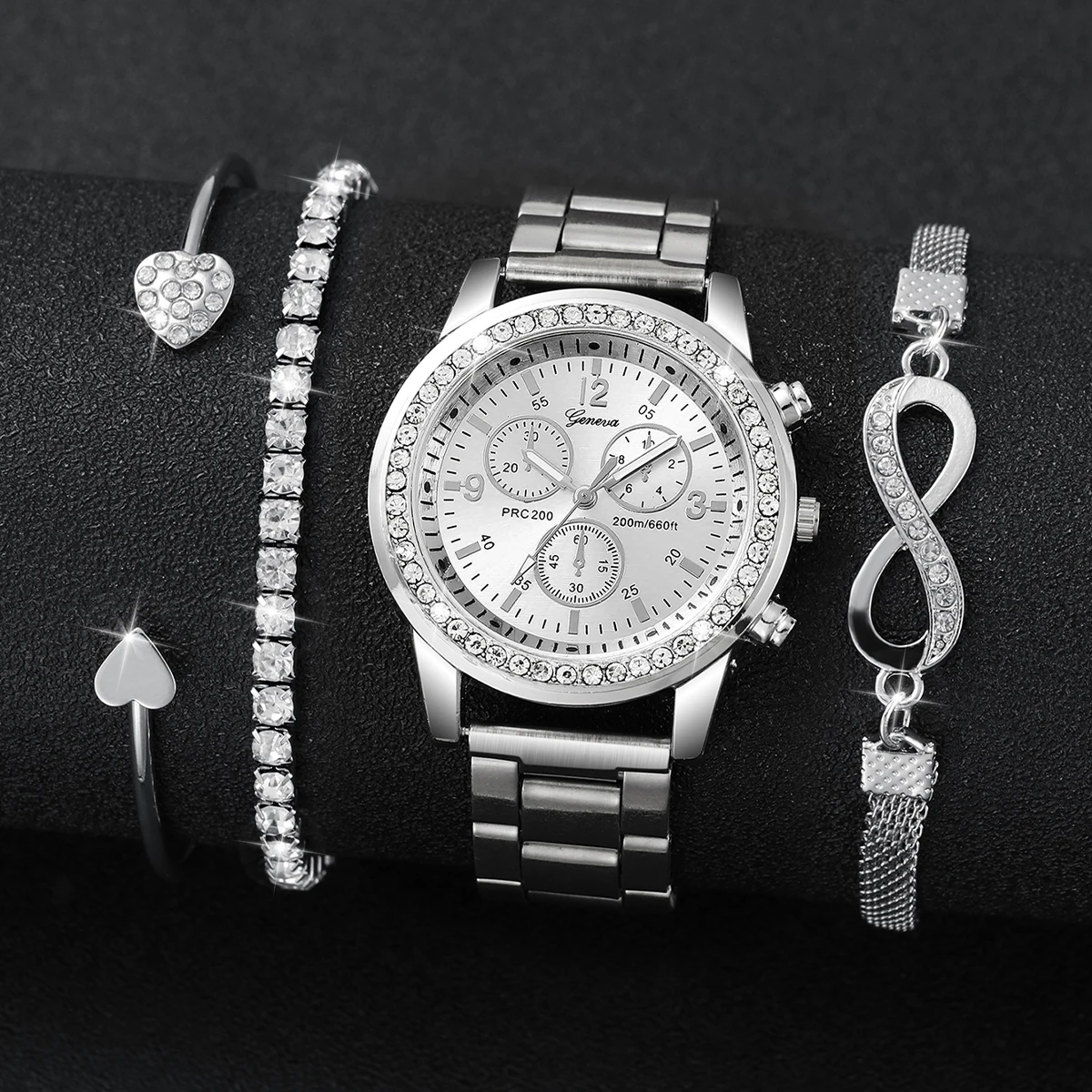 4PCS/Set Fashion Rhinestone Women‘s Watch Stainless Steel Band Quartz Watches Silver Bracelets Set 2