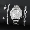 4PCS/Set Fashion Rhinestone Women‘s Watch Stainless Steel Band Quartz Watches Silver Bracelets Set 2