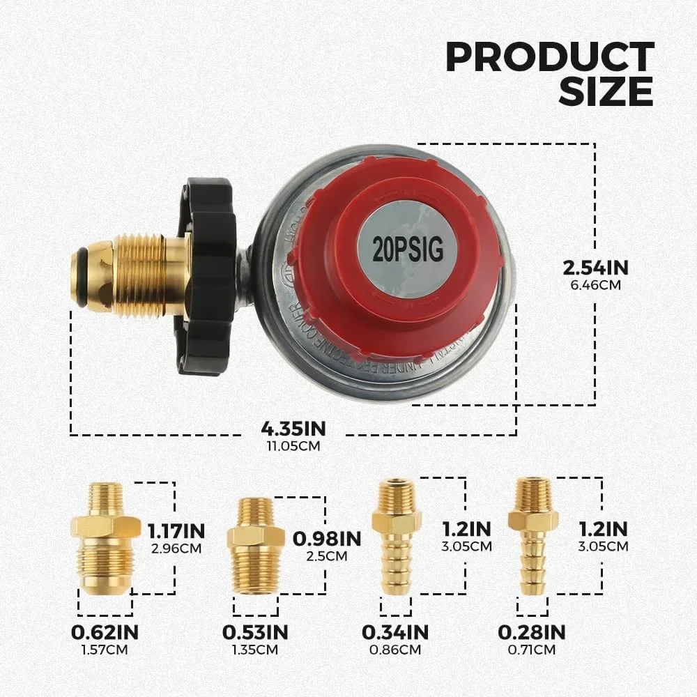 Adjustable 0-20PSI POL High Pressure Propane Regulator Valve LP Tank 5/16"&1/4" Hose Barb Brass Connect 1/4" NPT& 3/8" Flare propane connector adapter