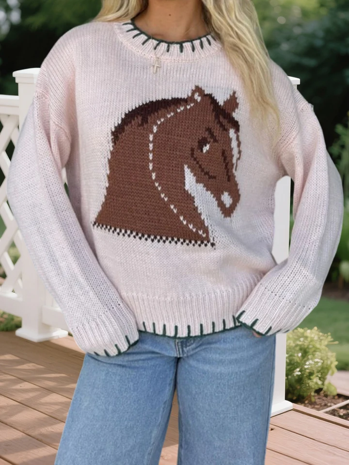 Womens Cozy Horse Print Crew Neck Sweater