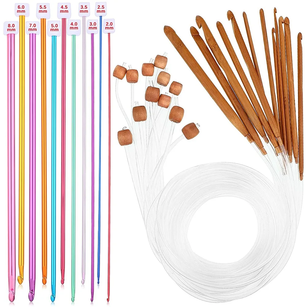 

23 Pieces Tunisian Crochet Hooks Set 3-10 mm Cable Bamboo Knitting Needle with Bead Carbonized Bamboo Needle Hook 2-8mm