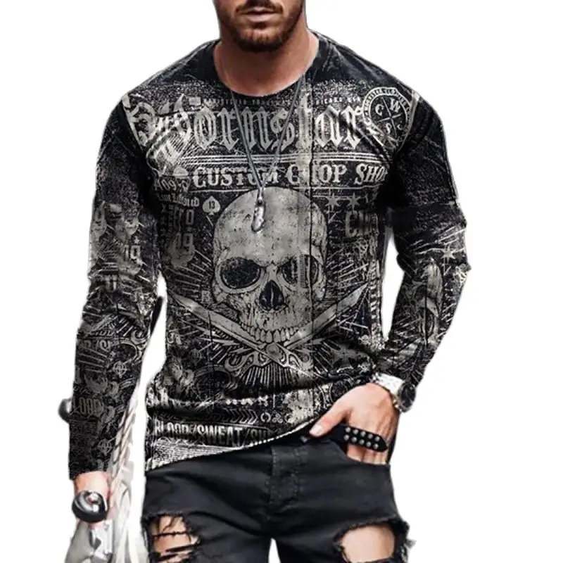 Skull Print T-shirt Men's Casual Sports 3d Long-sleeved Shirt Street Trend European and American Youth Loose Round Neck T-shirt