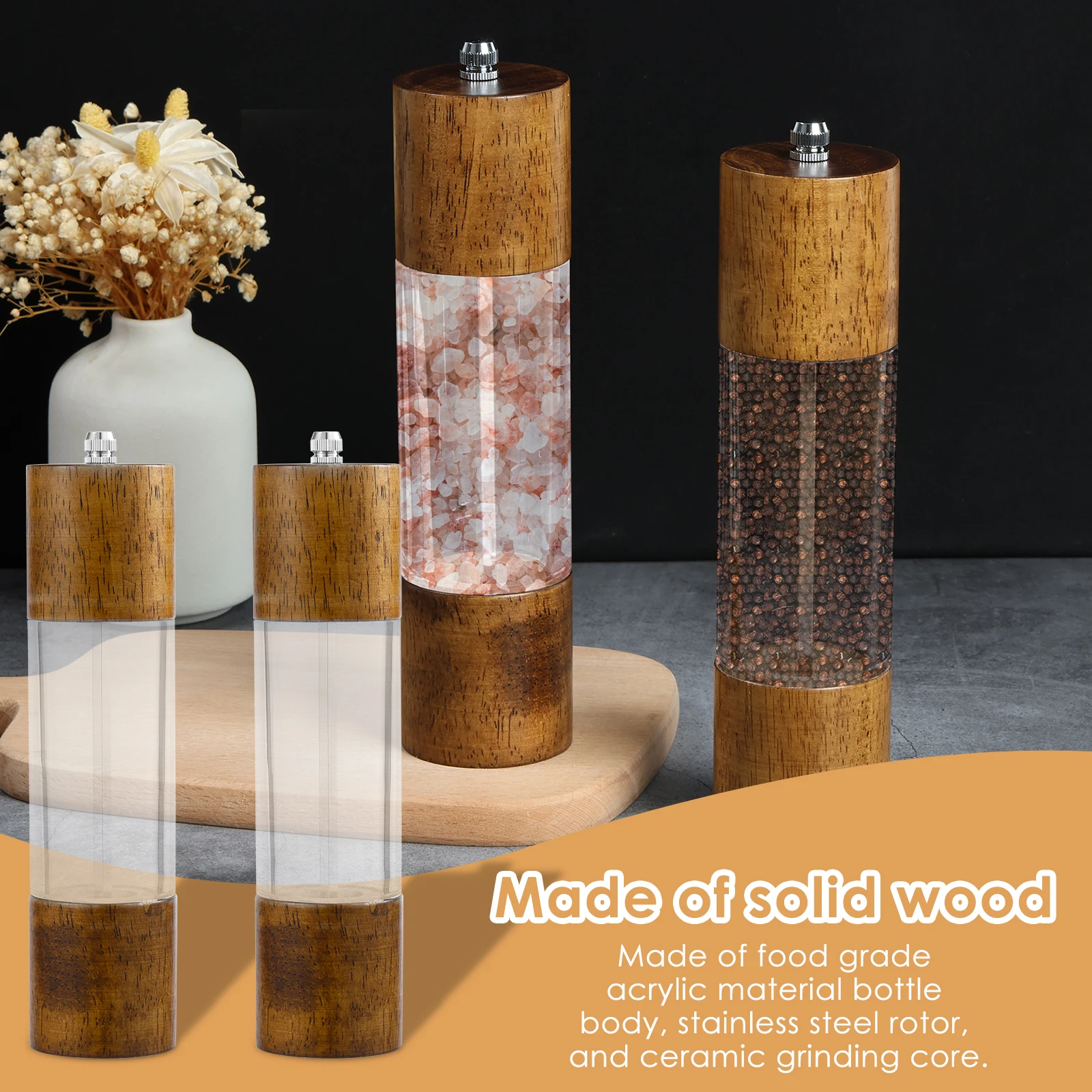 2Pcs Manual Pepper Grinder Wooden Spice Grinder with Adjustable Ceramic Core Sea ​​Salt Grinders for Cooking Kitchen Accessories