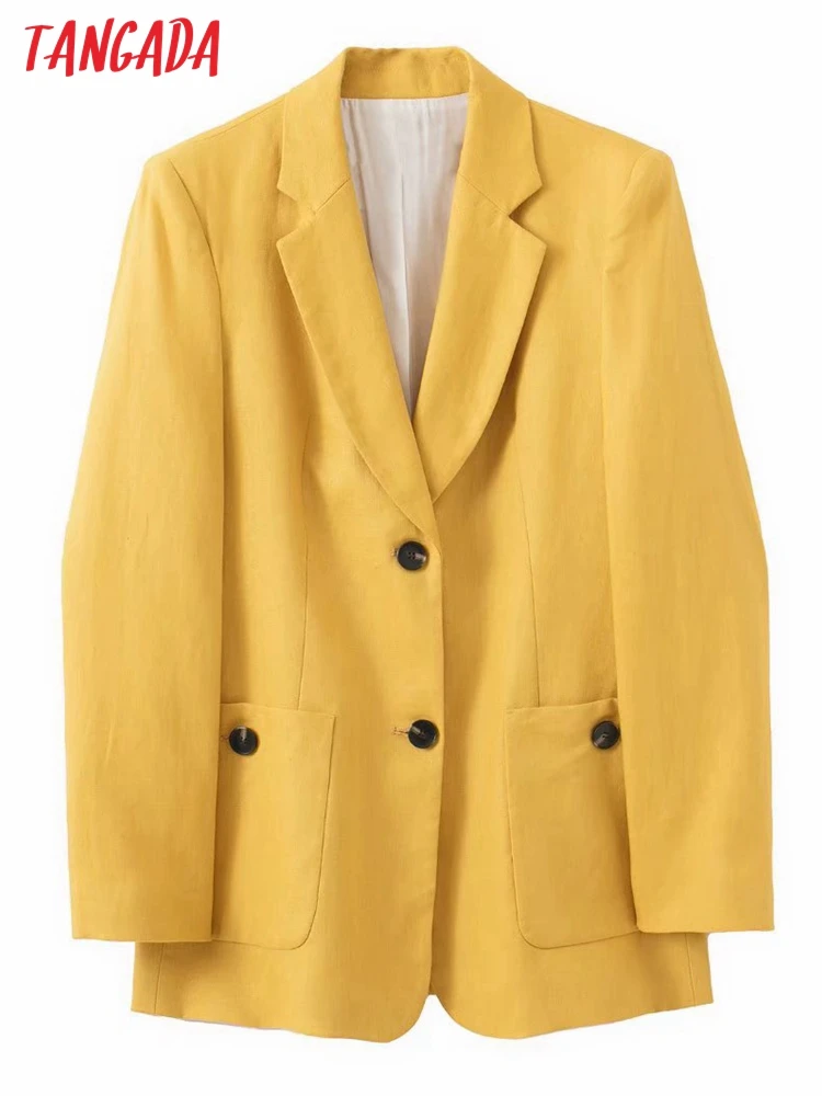 Tangada Women Solid Yellow Cotton Blazer Coat Vintage Notched Collar
