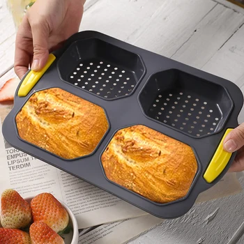 4 Cavity Hamburger Bun Mold Nonstick Silicone Bread Loaf Pan Heat Resistance Silicone Mold Bread Pan Reusable Kitchen Baking Pan