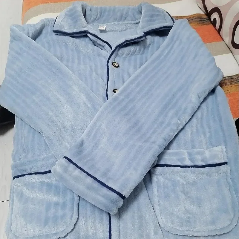 2024 New Men's Coral Velvet Pajamas Autumn Winter Warm Loungewear Thickened Flannel Cardigan Sleepwear Set V-neck Plush Homewear