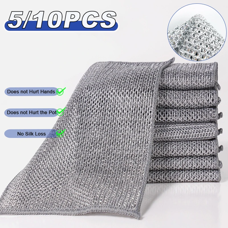 

5/10Pcs New Wire Dishcloth Kitchen Mesh Cleaning Cloth Reusable Scouring Pad Rust Removal Kitchen Rags Magic Dishwashing Towel