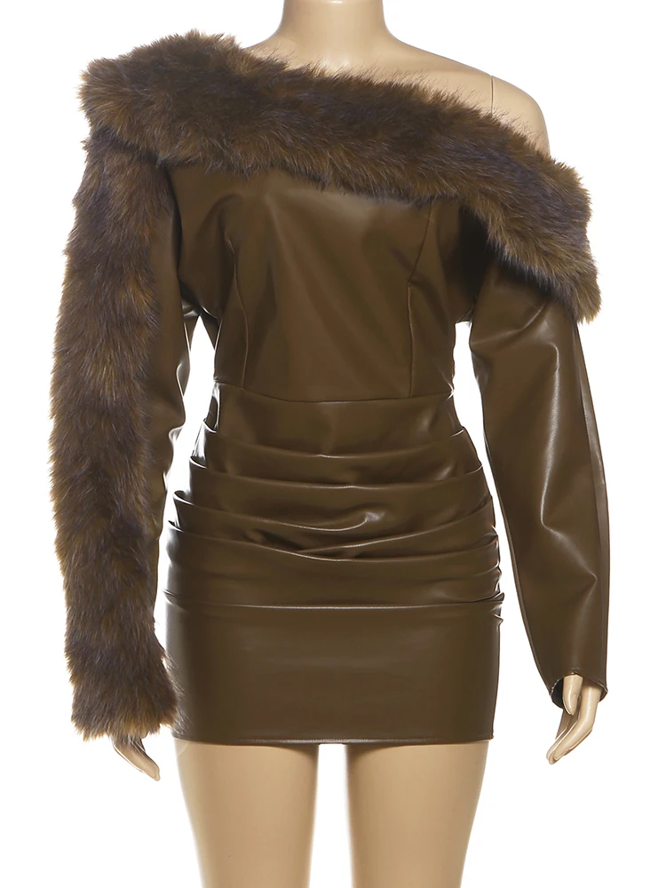 Nibber Furry Patchwork Mini Dresses WomanFaux Leather Skew Collar Full Sleeve Backless High Waist Fashion Classic Mini Bodycon