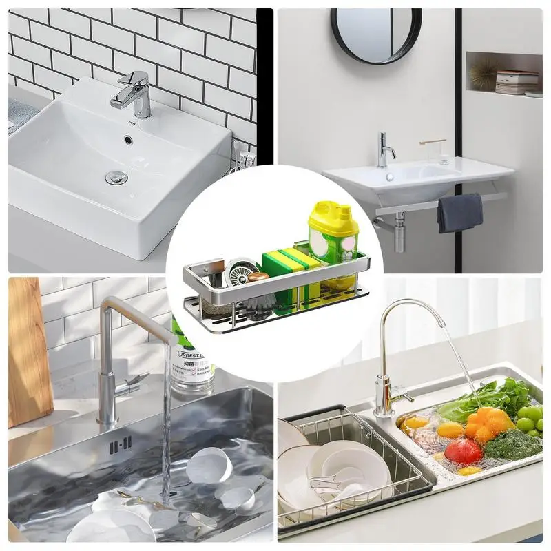 Kitchen Sink Organizer No Punch Sponge Caddy For Sink Basket Brush Holder Home Organization For Sponges Wipes And Cleaning