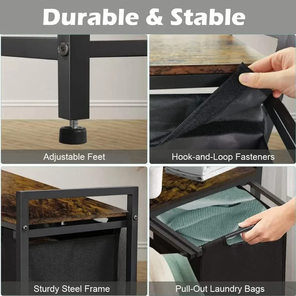 Laundry Hamper Sorter with 2 Removable & Pull-Out Sorting Bags Wooden Top Shelf