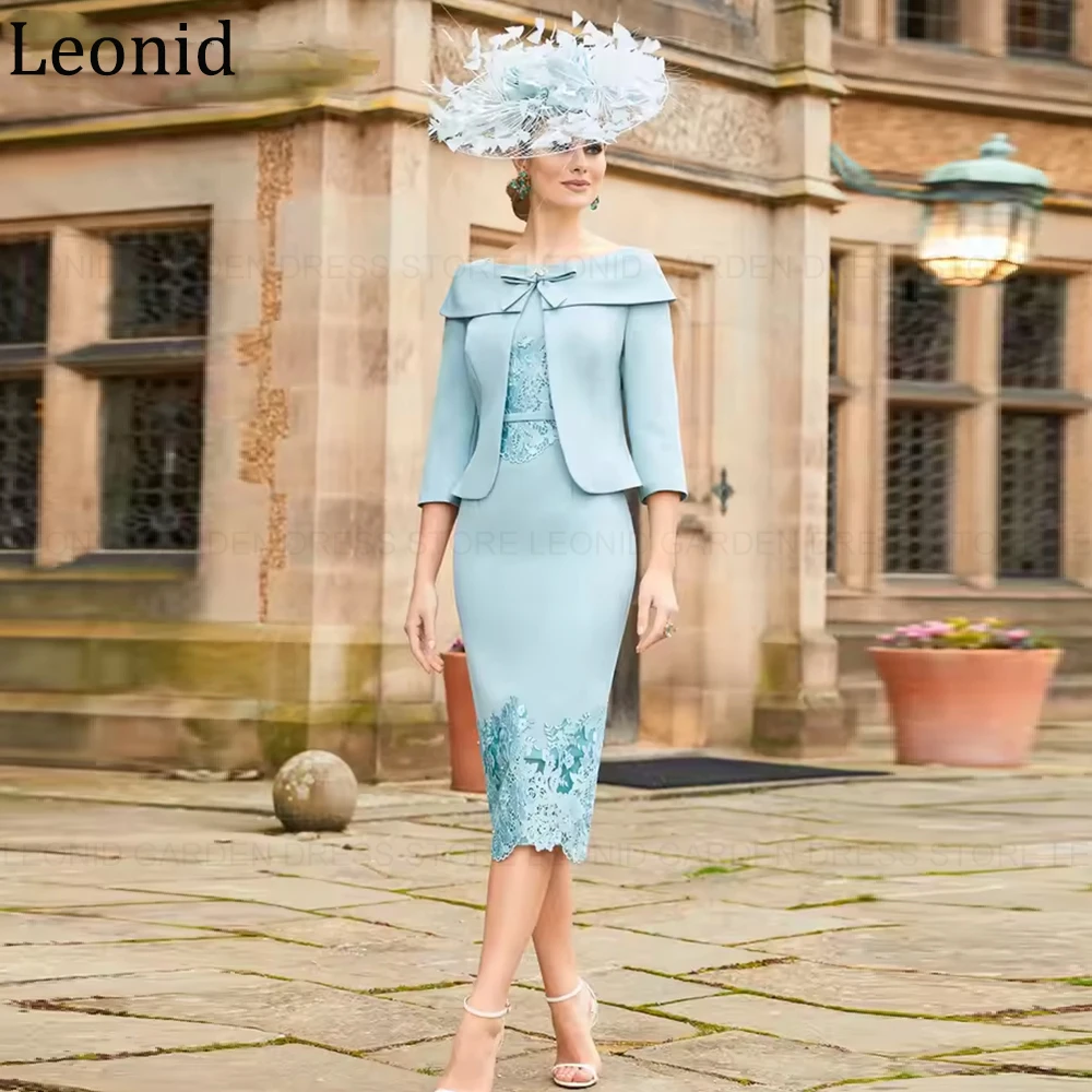 LEONID Two Pieces Elegant Mother of the Bride Dresses with Jacket Sheath Short Wedding Guest Dress Applique Bow