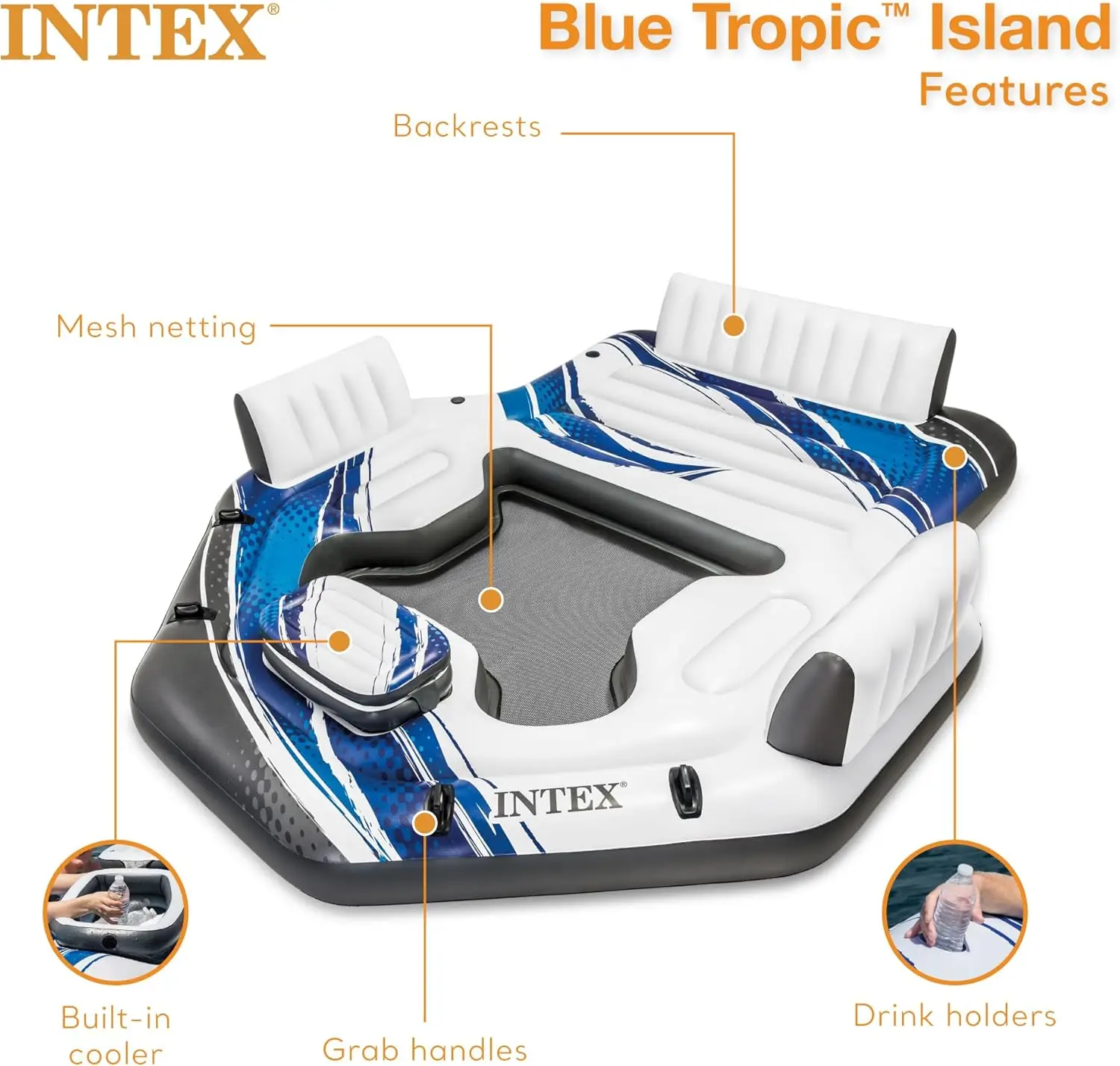 Blue Tropic Inflatable 5 Person Raft or Swimming Pool Island Water Floating Lounger Raft with Backrests, Built in Cooler, and 4