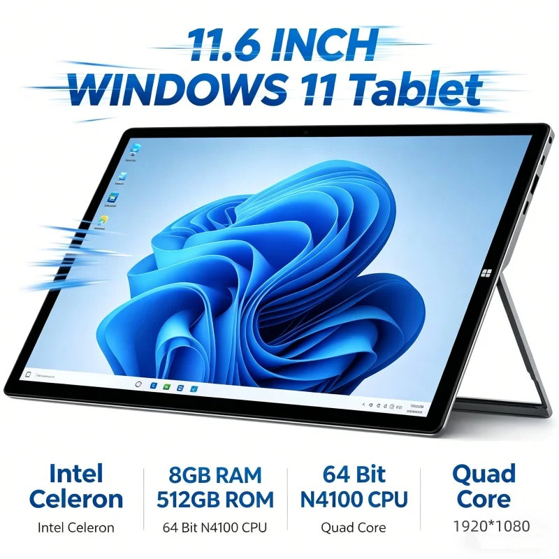 11.6인치 FHD 1080P Pad1162 태블릿 PC 64비트 윈도우 11, 인텔 셀러론 N4100 쿼드 코어 8GB 램 512GB 롬 HDMI 호환 타입-C