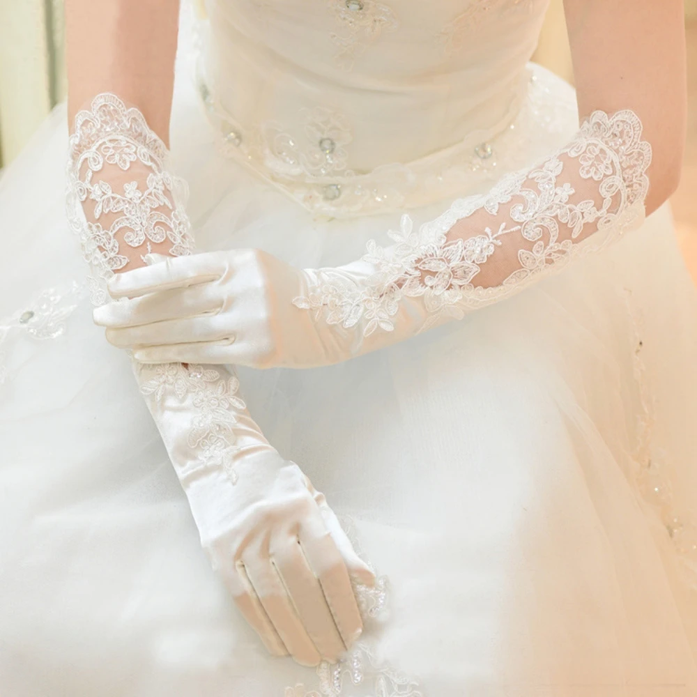 

Elegant Bridal Wedding Dress Gloves Evening Party Satin Long Lace Embroidered Sequin Gloves