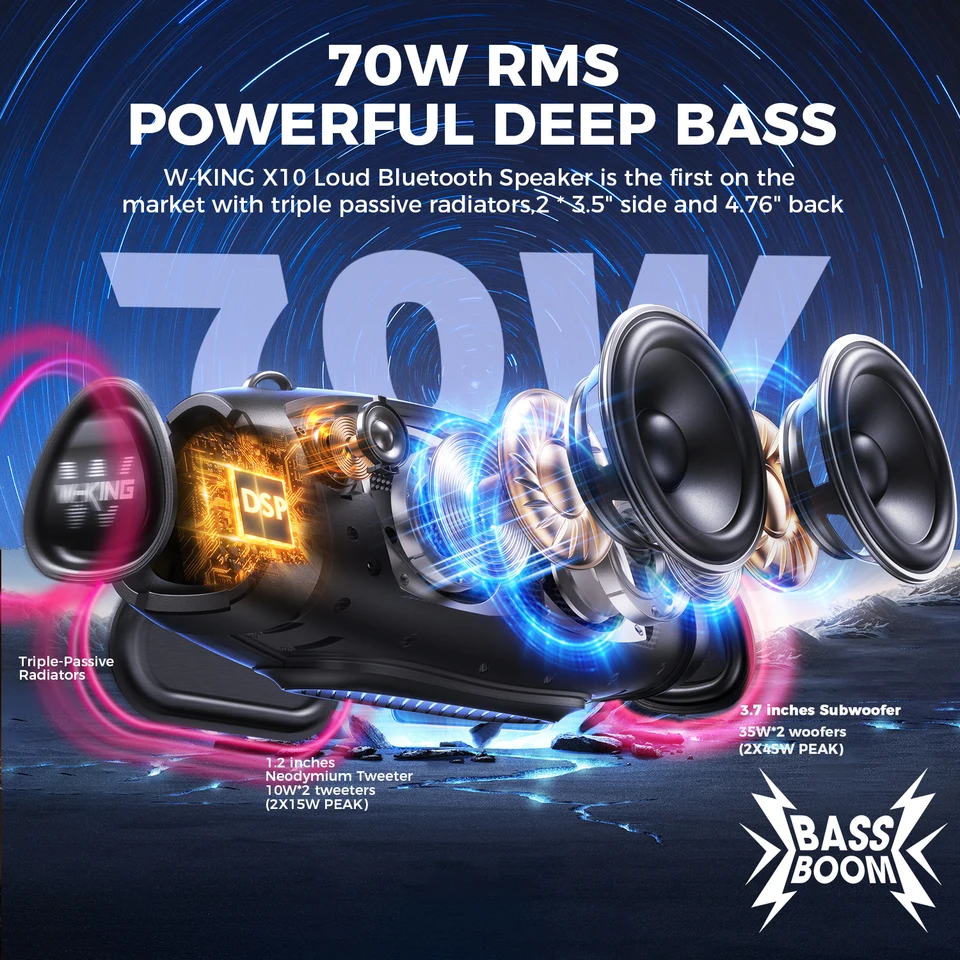 W-KING (120W PEAK)70W Portable Loud Bluetooth Speakers with