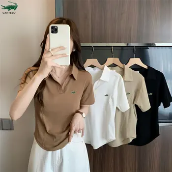 자수 로고 카텔로 여성용 반팔 상의, 모노크롬 상의, 니치 폴로 칼라, 2023 여름 신상 디자인 감각