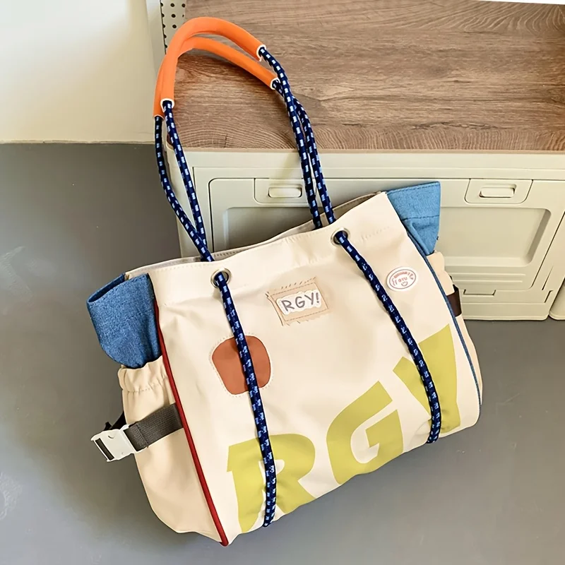 New Women's Dopamine Tote Bags Large Capacity Shoulder Bag Color Matching Casual Drawstring Bag