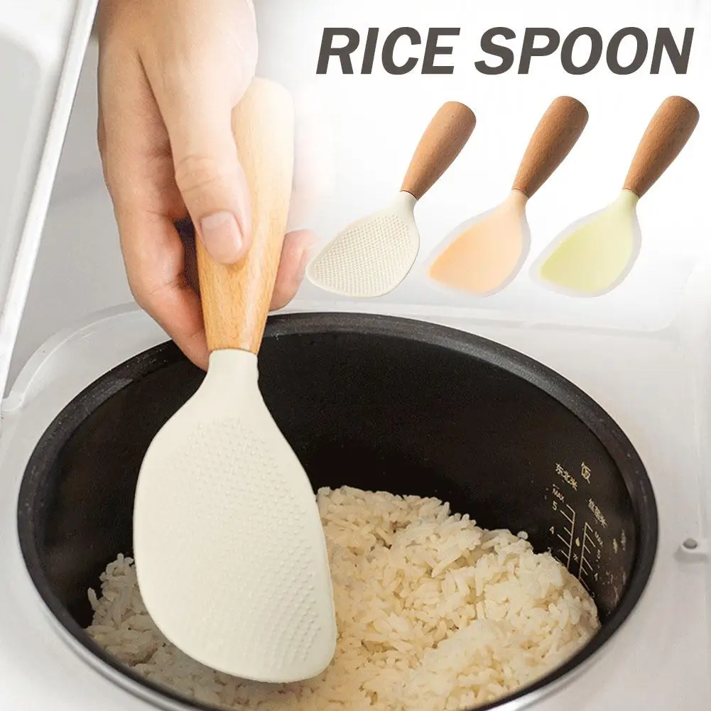 Silicone Rice Spoon Non-stick Cooking Spoon Anti Scalding Paddle Shovel Spatula Wooden Handle For Tableware Kitchen Gadgets