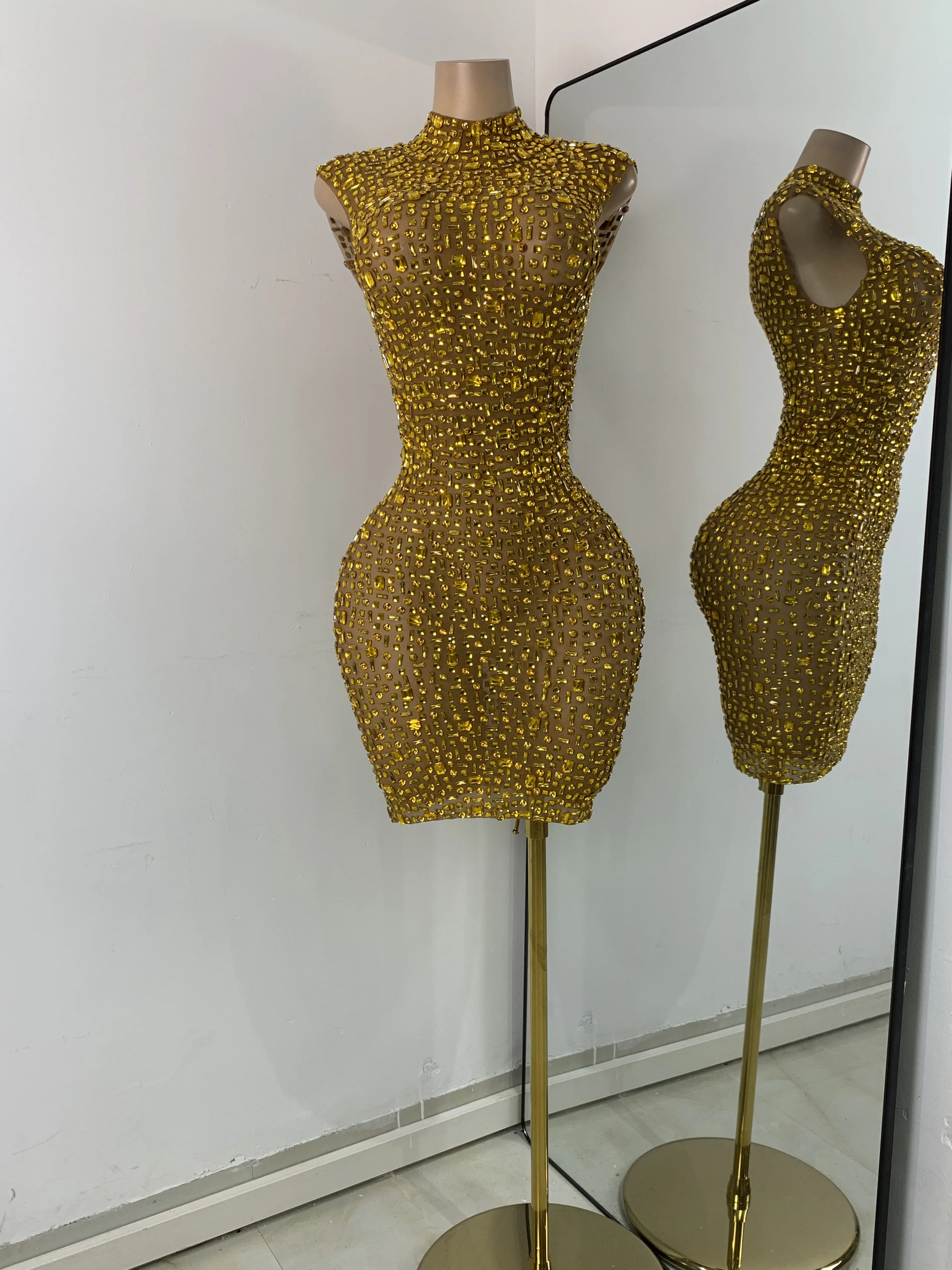 Gold Party Evening Short Dress Sparkly Diamonds Luxury Elegant Mesh See  Throught Cocktail Birthday Clothing Night Club Show Wear - AliExpress  200000345