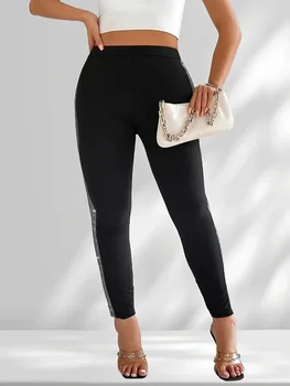 Home 26 Women's Plus Size 1XL-5XL Solid Color Patchwork Elegant Sequined Comfort Leggings Casual Yoga Pants