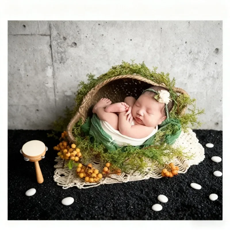 Newborn Photography Posing Props 1pc Rattan Woven Nest Basket Baby Changing Basket with Handles Practical Basin Frame Container