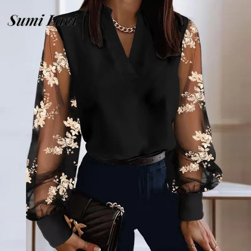 

2024 Autumn Ladies V Neck Office Commute Blouse Women Elegant Printed Long Sleeve Tops Fashion Lace Mesh Splicing Loose Pullover
