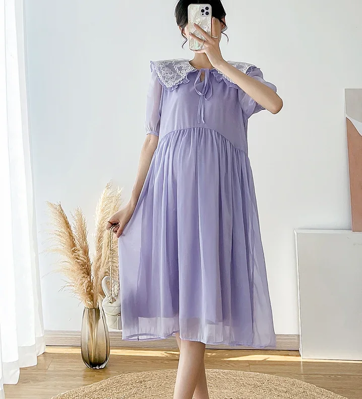

Korean Fashion Pregnant Women White Chiffon Dress Summer Design Short Sleeves Thin Soft Knee Length Maternity Dresses Purple