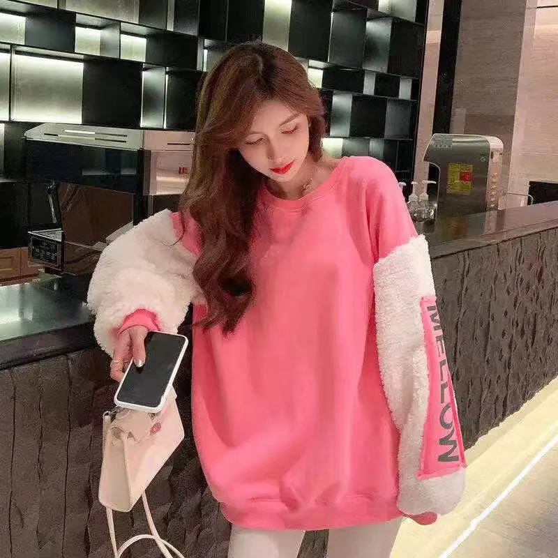 Hoodies Pullover Trend Personalized Contrast Color Korean Student Casual Loose Oversize Women'S Sweater