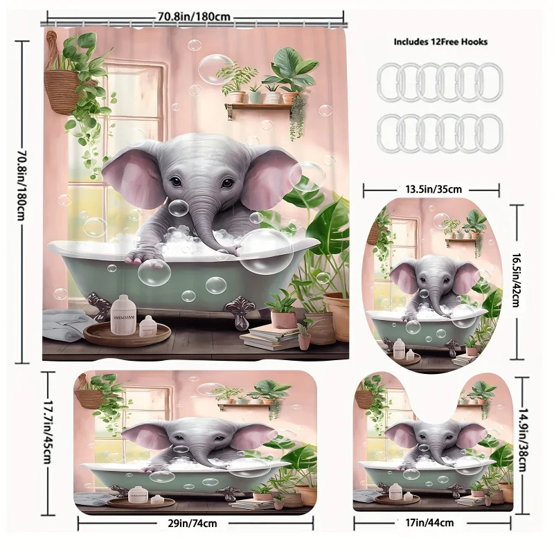1/3/4PCs bathtub elephant pattern shower curtain set, waterproof shower curtain with 12 hooks, non-slip bath rug, U-shape mat, t