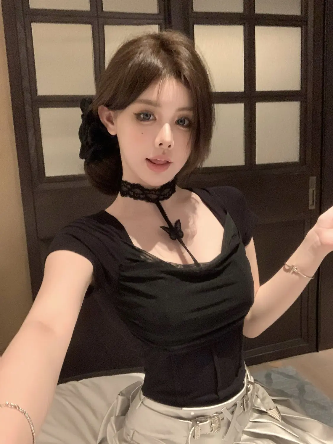 French Short Sleeve With Neck Hanging Sexy Mature Lace Bow Design Short-Sleeved T-Shirt Female Summer Sweet Spicy Thin