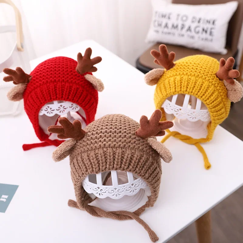 

Cute Deer Elk Antlers Baby Hat Winter Autumn Warm Plush Knitted Ear Warmer Children Hat Bonnet Boys Girls Beanie Christmas Hats