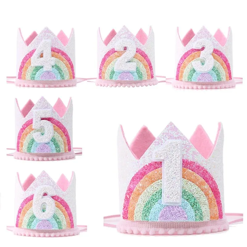 Felt Rainbow Theme Birthday Party Crown 1st 2nd 3rd Happy Birthday Party Decor Number Hat Baby Shower Girls Unicorn Gifts baby crown hat birthday crown party hat