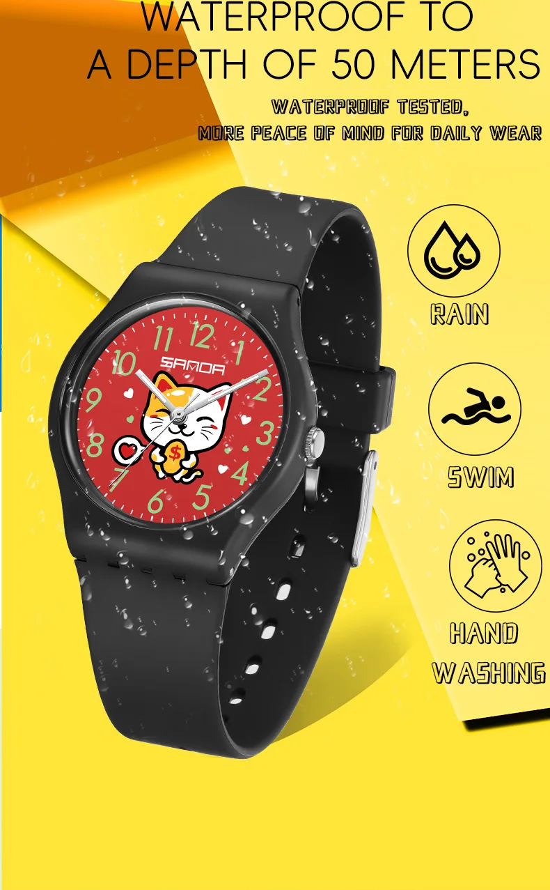 Fashion Sanda 6139 Student Quartz Watch Creative Cute Cartoon Wealth Cat Silicone Strap Wristwatch For Boys And Girls Clock Gift 3