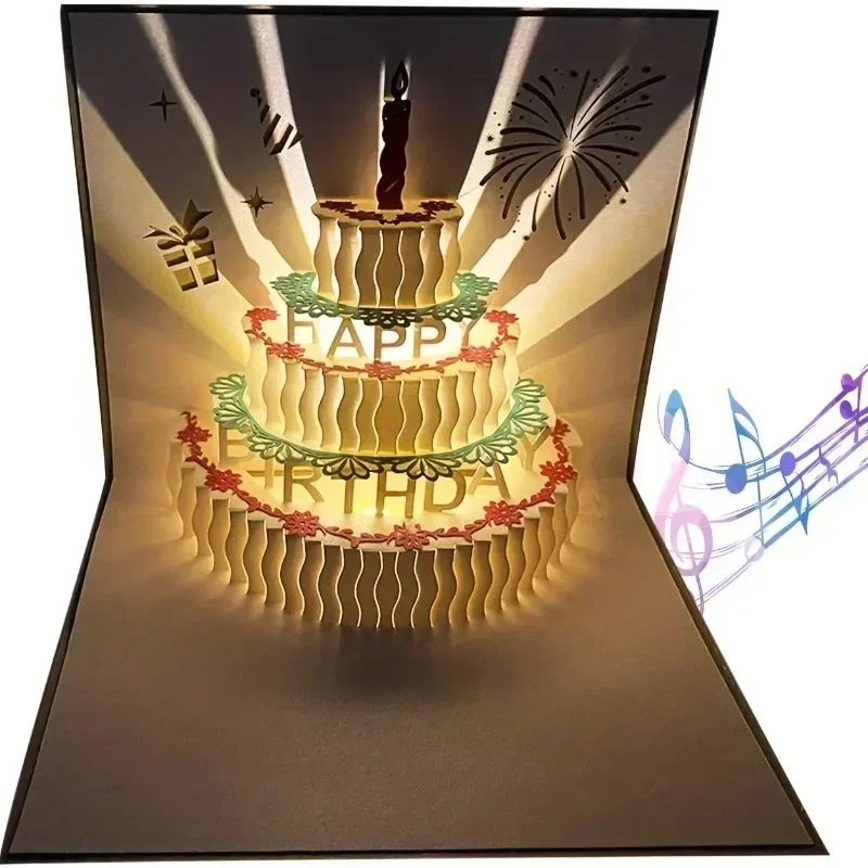 1PC Music Birthday Cards 3D Pop Up Colourful Light Musical Birthday Cake Happy Greeting Card