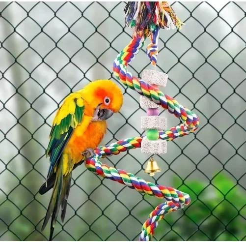 Bird Toy Spiral Cotton Rope Chewing Bar Parrot Swing Climbing Standing Toys with Bell Bird Supplies Parrots Climbing Toys images - 6