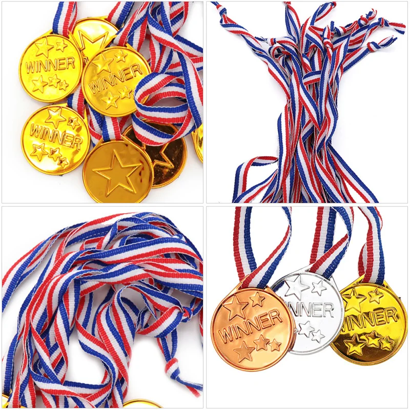 Medaglie del vincitore in plastica da 20 pezzi medaglie del premio con nastri al collo per la festa della competizione per feste sportive per bambini