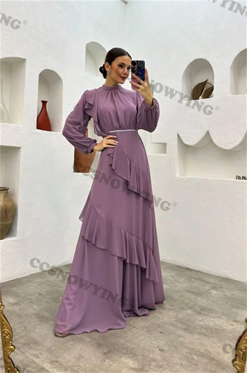 

Brand new Tiered Puffy Sleeve High Neck Chiffon Muslim Evening Dresses Formal Party Hijab Women Arabic Kaftan Robe